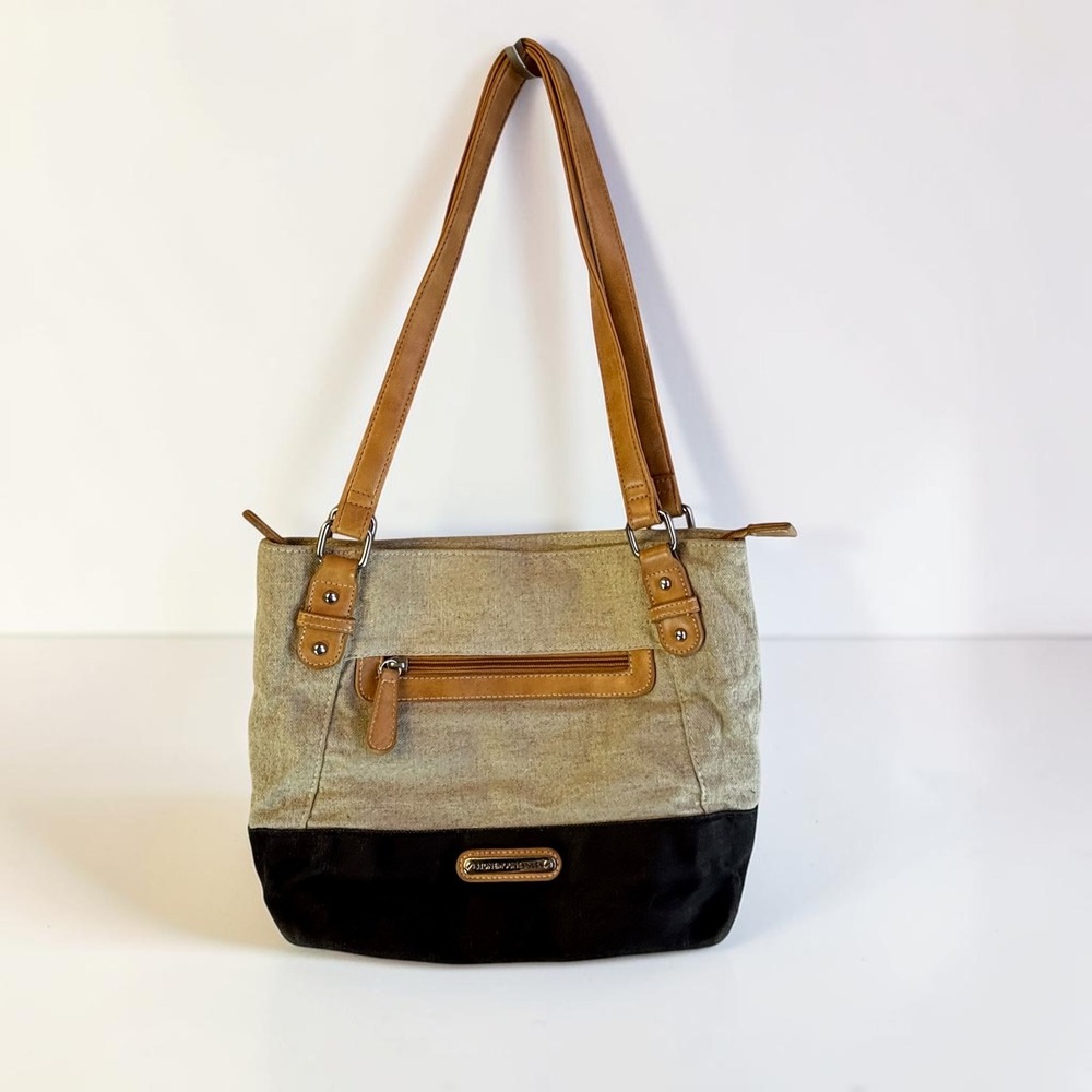 Vintage Tote Bag Stone Mountain M Tan Black Cotton Linen Canvas Faux Leather